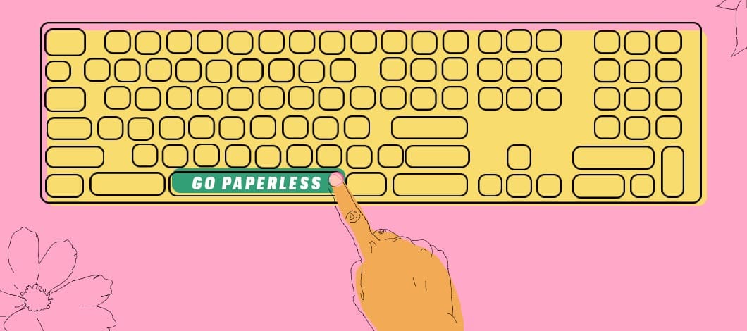 A finger of a hand is about to press a green button on a keyboard that reads “Go Paperless.”