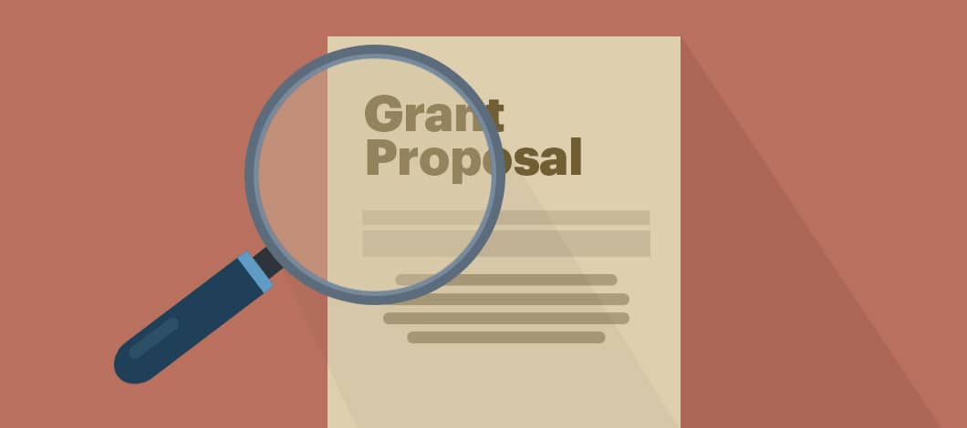 A large magnifying glass looms over a document labeled “Grant Proposal.”