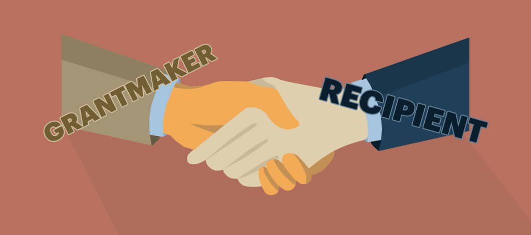 Two arms, one labeled “Grantmaker” and the other marked “recipient,” shake hands.