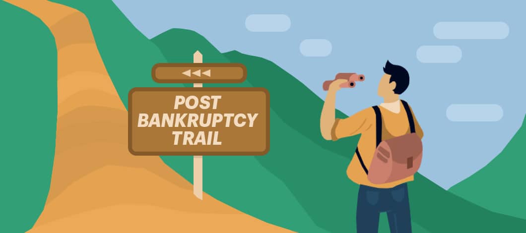 A hiker hold binoculars is about to embark on a steep climb uphill. The path is marked with a sign that reads “Post Bankruptcy Trail.”