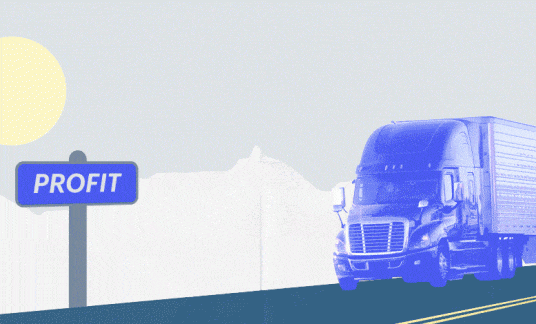A long-haul truck rides down a highway. A street sign with a direction arrow reads “Profit.”