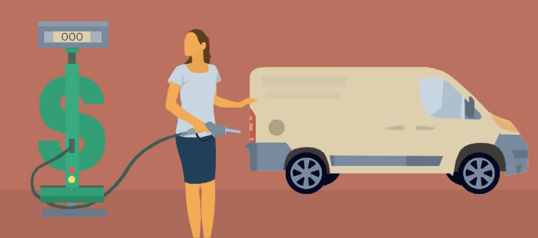 A woman fills her work van with gas. She looks at the gas pump, which is shaped like a dollar sign.