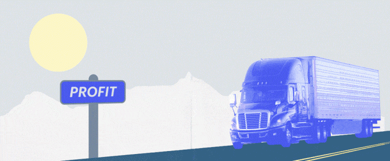 A long-haul truck rides down a highway. A street sign with a direction arrow reads “Profit.”