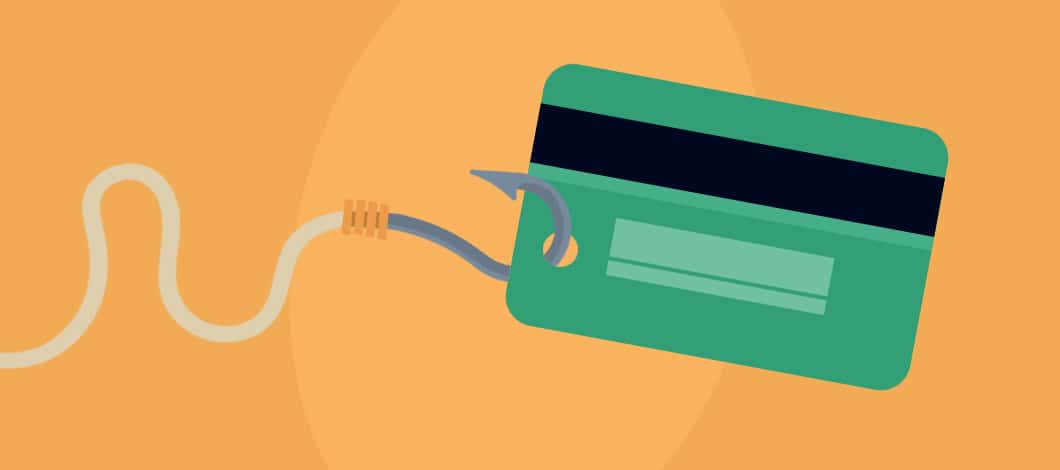 A fishing hook tied to a line is pierced through a credit card.