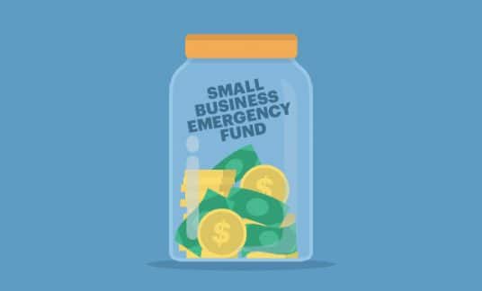 A jar half full of cash is labeled “Small Business Emergency Fund.”