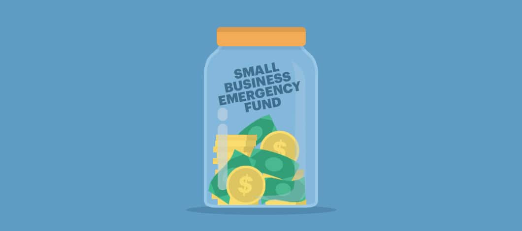 A jar half full of cash is labeled “Small Business Emergency Fund.”