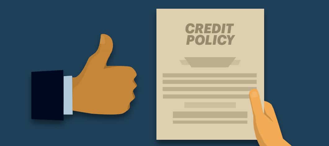 A hand hoists up a document labeled “Credit Policy.” Another hand gives it a thumbs up.