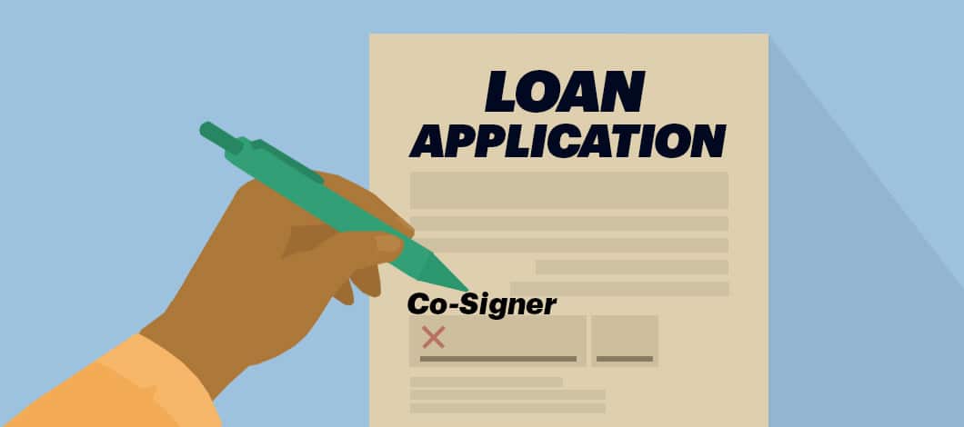 A hand holding a pen is about to sign a signature next to the word “Co-Signer” on a form labeled “Loan Application.”