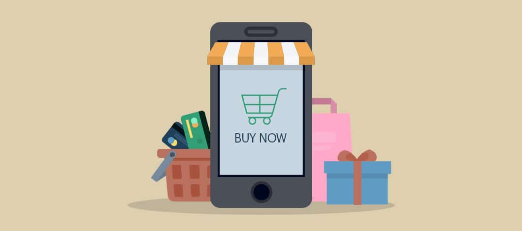 A smartphone is dressed up like a small shop. The screen has a shopping cart icon and reads “Buy Now.”