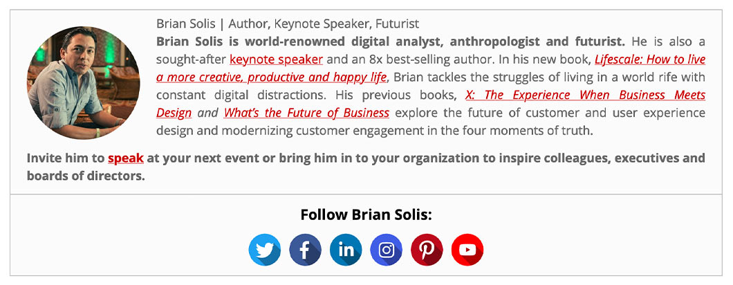 You can include a call to action in your mini-biography section, like Brian Solis did here.