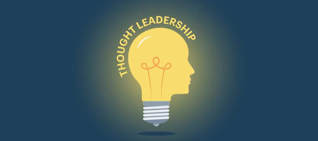 A light bulb in the shape of a human head glows. The words “Thought Leadership” surround the top of the bulb.