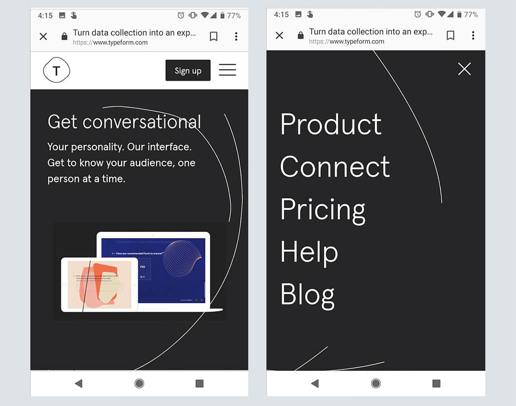 Typeform keeps its overall design simple and functional for mobile devices.