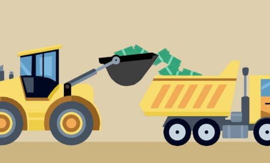 A bulldozer pours a bunch of cash into a dump truck.
