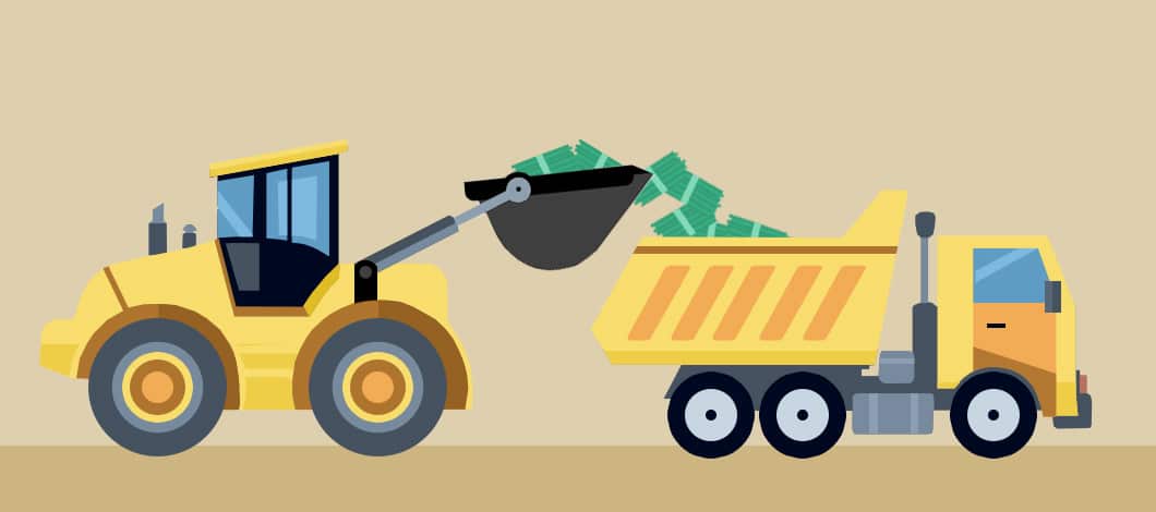 A bulldozer pours a bunch of cash into a dump truck.