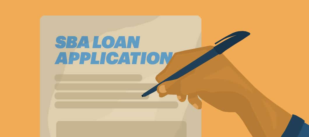 A hand holding a pen fills out a document labeled “SBA Loan Application.”