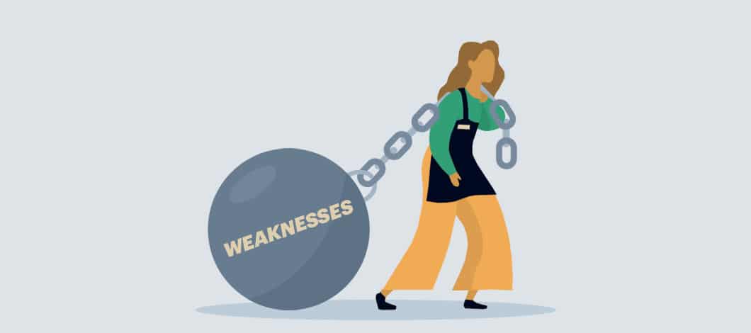 A small business owner is bent over and using her arms to pull on a large chain attached to a giant metal ball labeled “Weaknesses.”