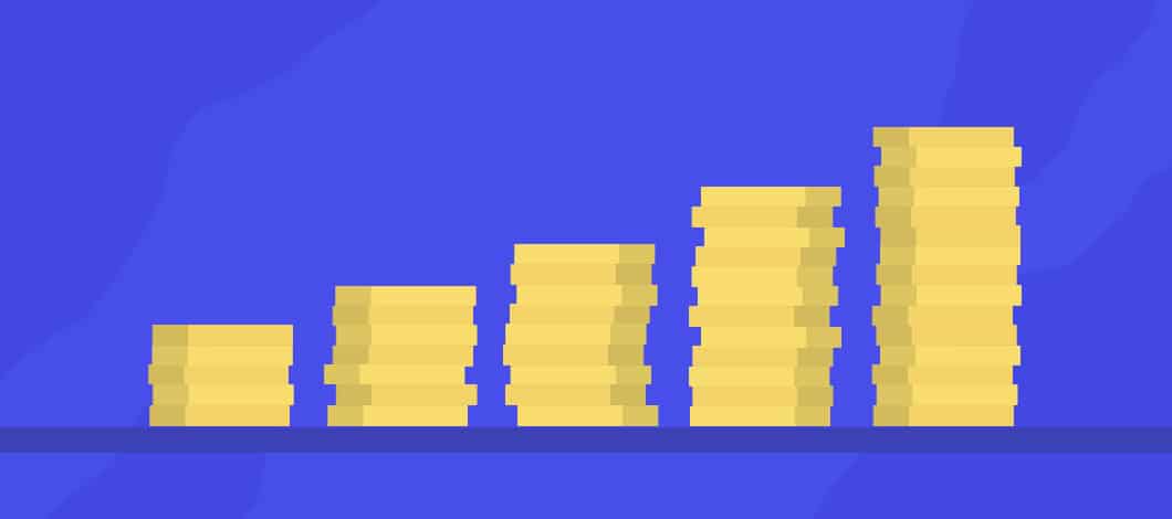 Stacks of coins, from low to high, form a bar graph moving upward.