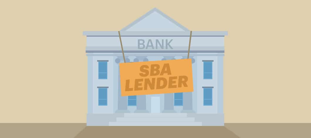 A bank has a big sign on the window that reads “SBA Lender.”