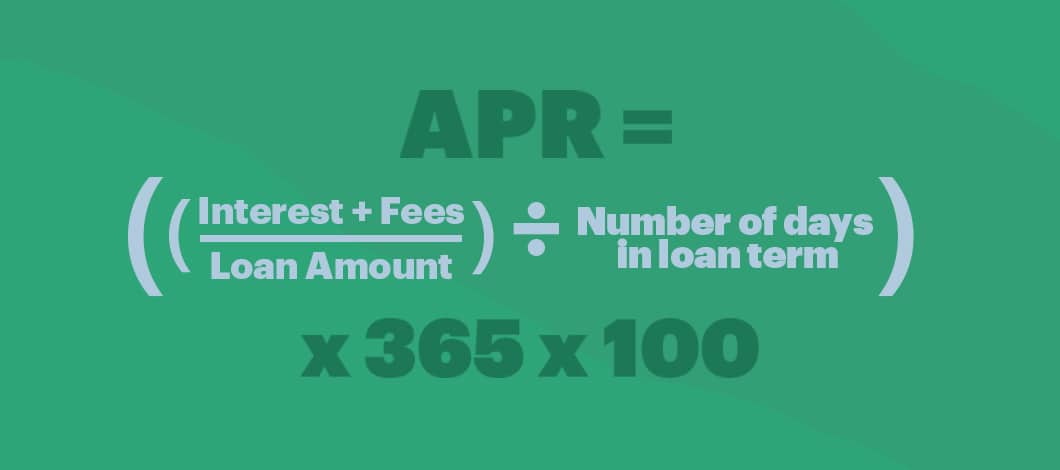 This is an infographic of this formula: APR = ((Interest + Fees / Loan amount) / Number of days in loan term)) x 365 x 100