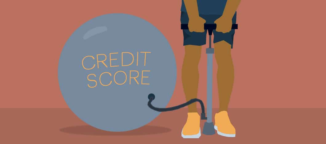 A person uses a manual pump to inflate a giant ball that reads “Credit Score.”