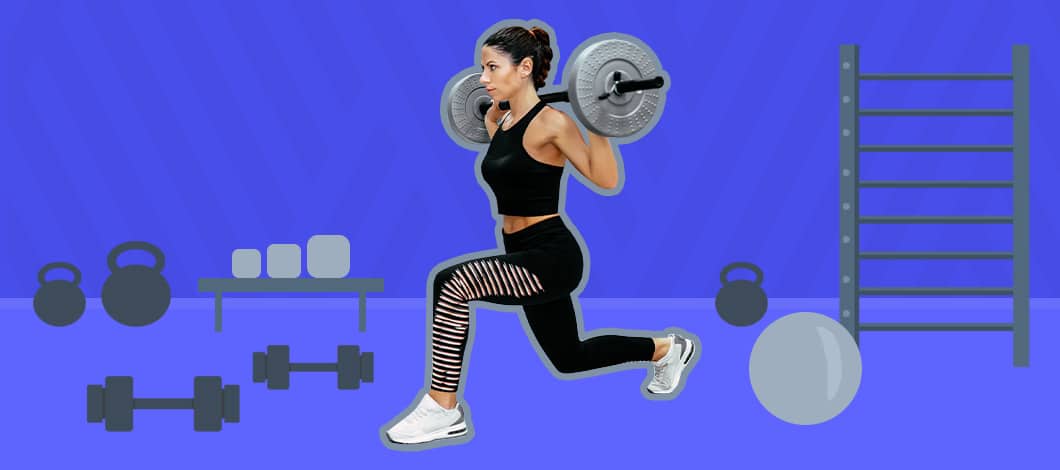 A woman does squats with weights in an exercise room.