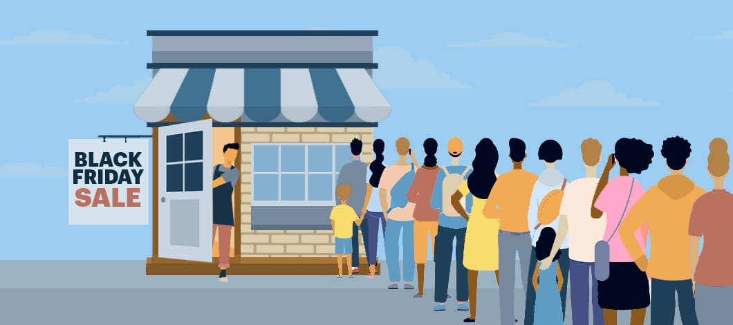 A group of people form a line outside a small shop with a big “Black Friday Sale” sign in the window as the shop owner opens the door from inside to welcome shoppers.