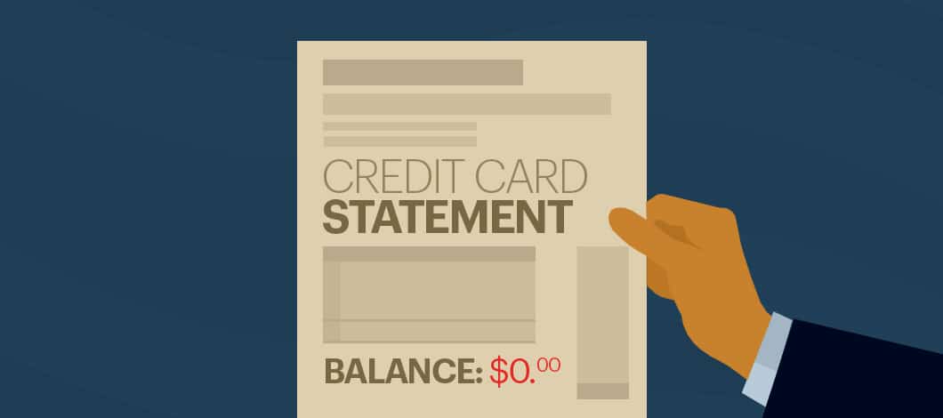 A hand holds a paper labeled “Credit Card Statement” that reads “Balance: 0.”