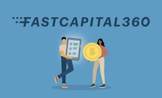 Image of 2 characters: one holding a tablet, another holding a gold coin and the words Fast Capital 360 above them