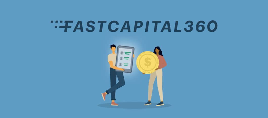 Image of 2 characters: one holding a tablet, another holding a gold coin and the words Fast Capital 360 above them