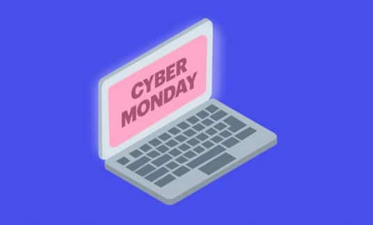 The screen of a laptop reads “Cyber Monday.”