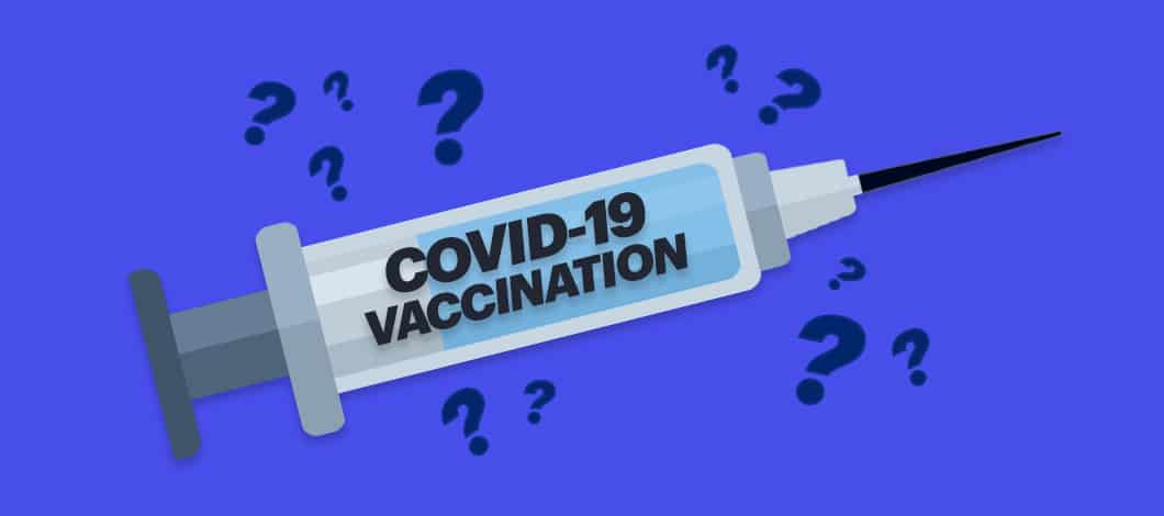 A syringe labeled “COVID-19 vaccination” is surrounded by question marks.