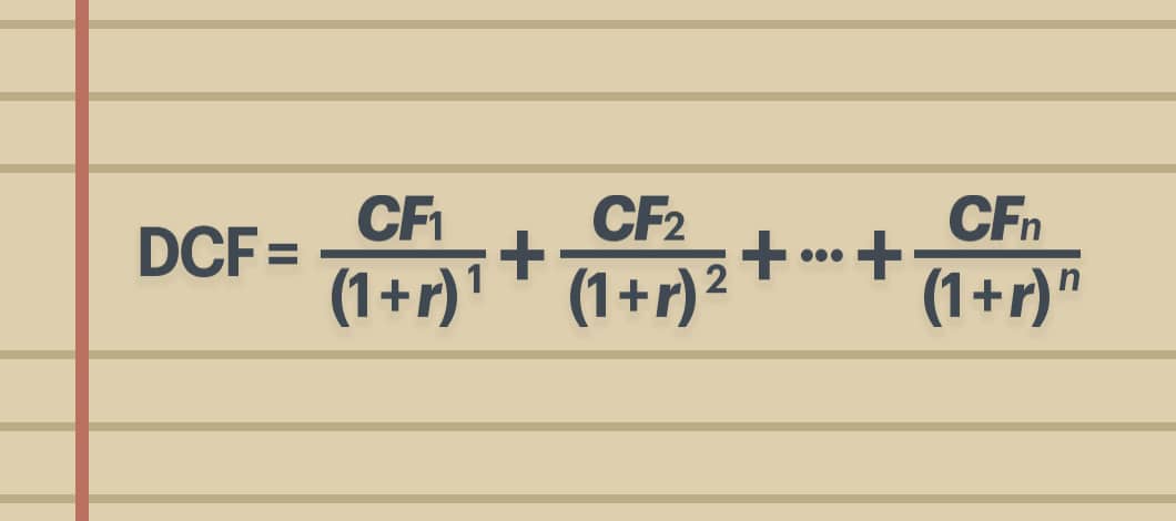 The DCF formula is DCF = (CF / (1+r)1) + (CF / (1+r)2) + (CF / (1+r)3) + (…) + (CF / (1+r)n).