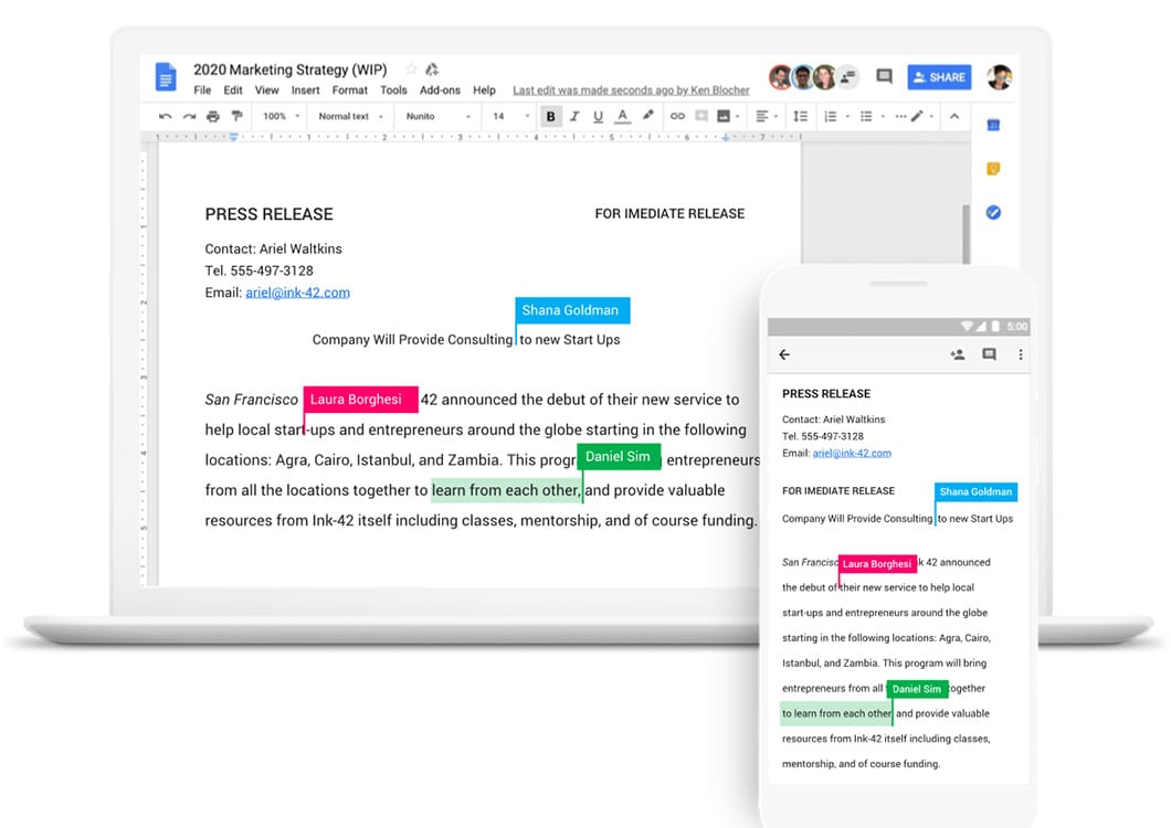 If multiple users are in the file at the same time in Google Docs, you can see their typing in real-time so you're never overwriting someone else's work.