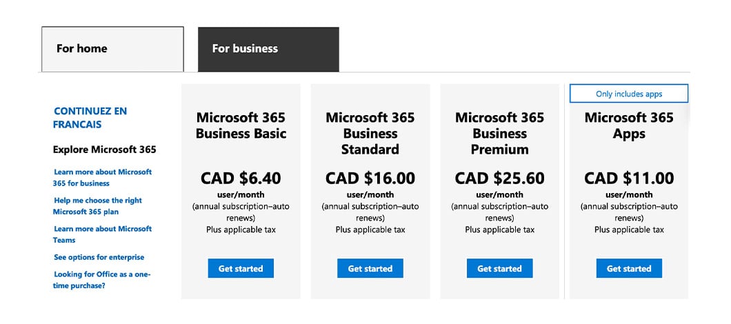 Google Workspace offers 4 pricing levels and account types, while Microsoft 365 at first appears to offer 4 as well, until you get into the nitty-gritty.