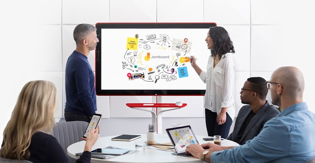 Jamboard is a digital whiteboard where remote teams can collaborate in real-time with notes, drawings and web assets as if they're huddled around a boardroom table together.