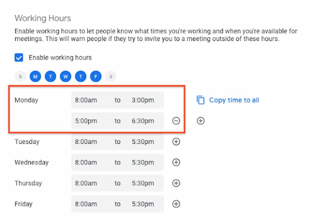 Users can now set their nonlinear work hours in Google Calendar so that meetings don't get scheduled when they're not available.