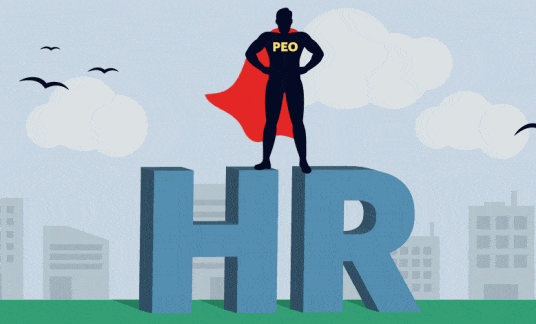 A silhouette of a caped superperson with hands on hip stands on top of the giant letters HR. The symbol on the hero’s chest reads “PEO.”
