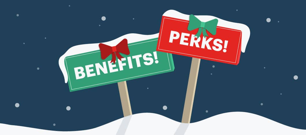 Two signs (one is labeled “Perks!” and the other says “Benefits!”) are posted in a snowy landscape.