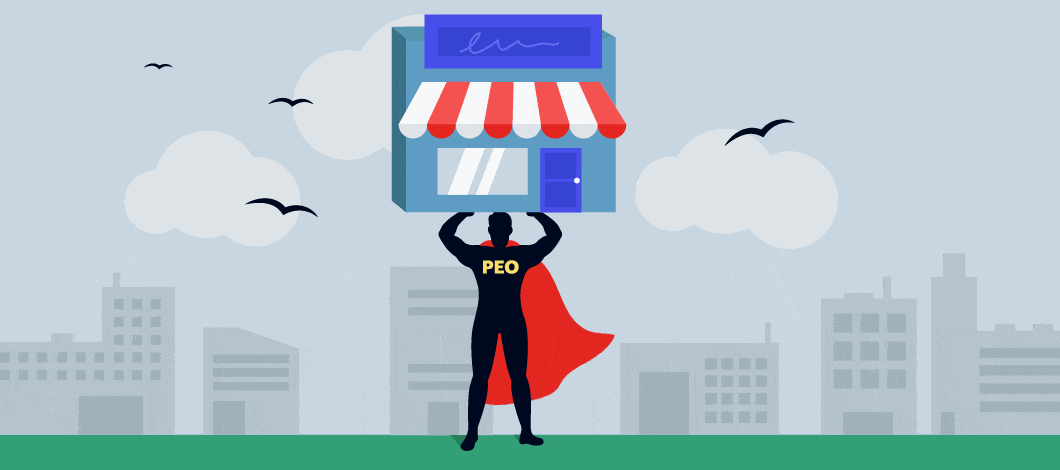 A caped superperson with the symbol “PEO” lifts a small shop up, up and away in the air.