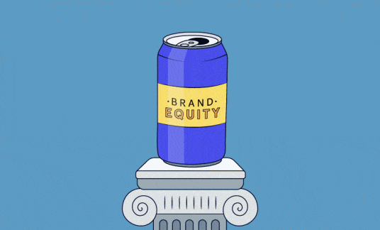 A can of soda labeled “Brand Equity” sits on a pedestal surrounded by a sea of thumbs-up icons.
