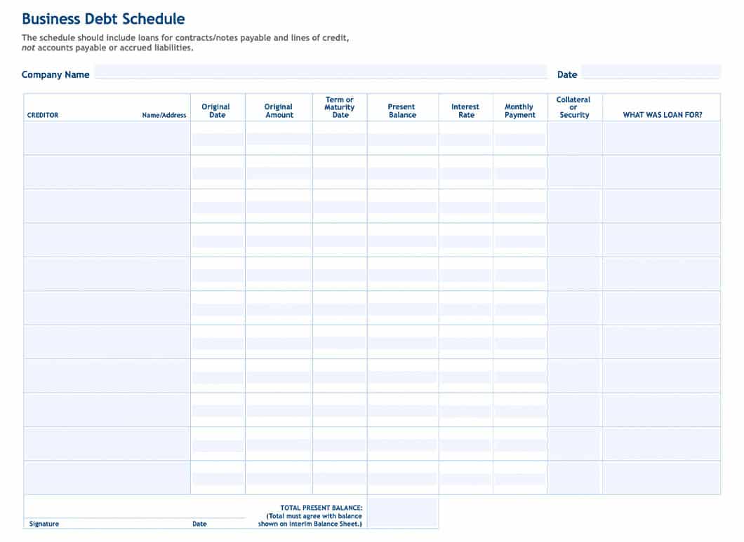 Business debt schedule template