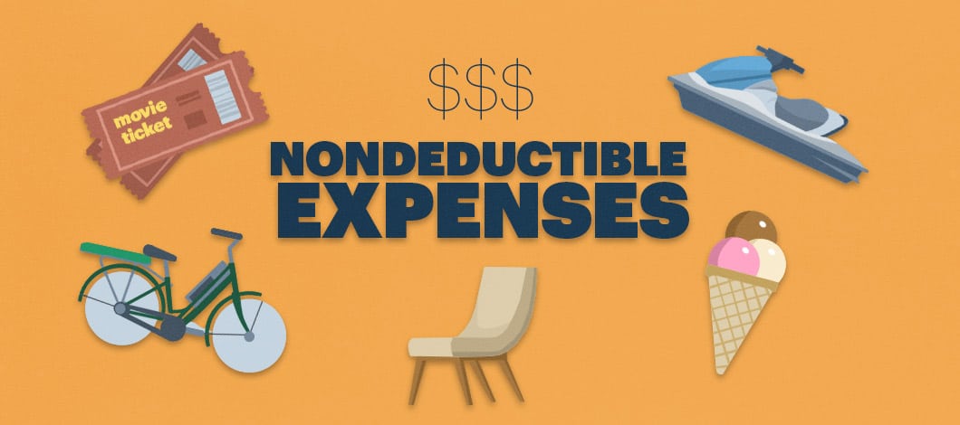 The words “Nondeductible Expenses” are surrounded by images of movie tickets, a bicycle, a chair, an ice cream cone and a jet ski.