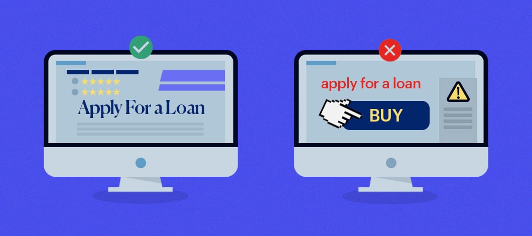 Graphics of 2 computer monitors side by side, one has a green checkmark and the words “Apply for a Loan”, the other a red X and the word “Buy”