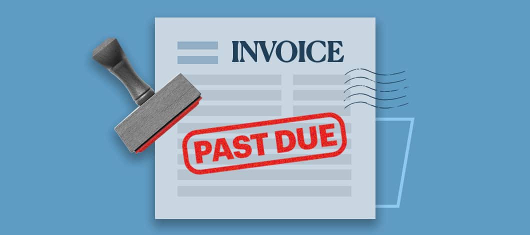 A rubber stamp dipped in red ink rests near an invoice notice that has been stamped with the words “Past Due.”