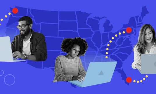 A map of the U.S. shows three people working on their laptops in three different locations: Seattle, Miami and Philadelphia.