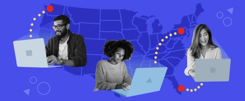 A map of the U.S. shows three people working on their laptops in three different locations: Seattle, Miami and Philadelphia.