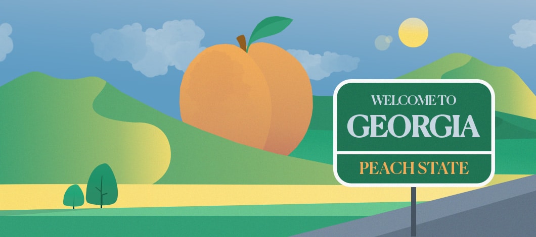 In a landscape of rolling hills there sits a giant peach. A road sign reads “Welcome to Georgia ... Peach State.