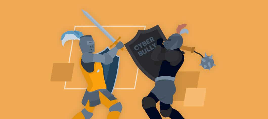 A knight in armor wielding a sword and shield squares off with a knight in black armor wielding a mace and a shield that reads “Cyberbully.”