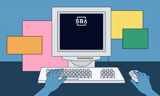 We see a hand clicking on a mouse and another hand on the keyboard of a computer. The screen shows the SBA logo and the words “Online Learning.”