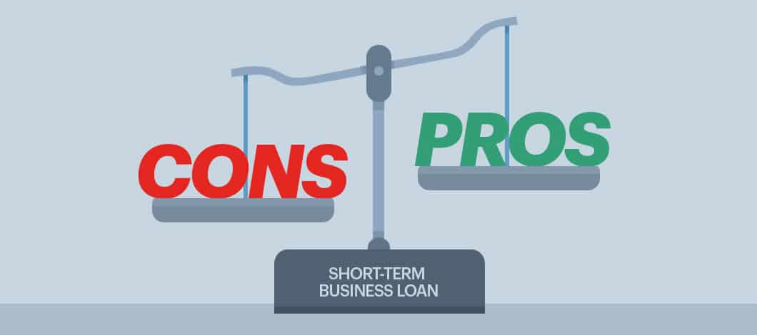 A scale labeled “Short-Term Business Loan” weighs the word “Cons” on one side against “Pros” on the other.